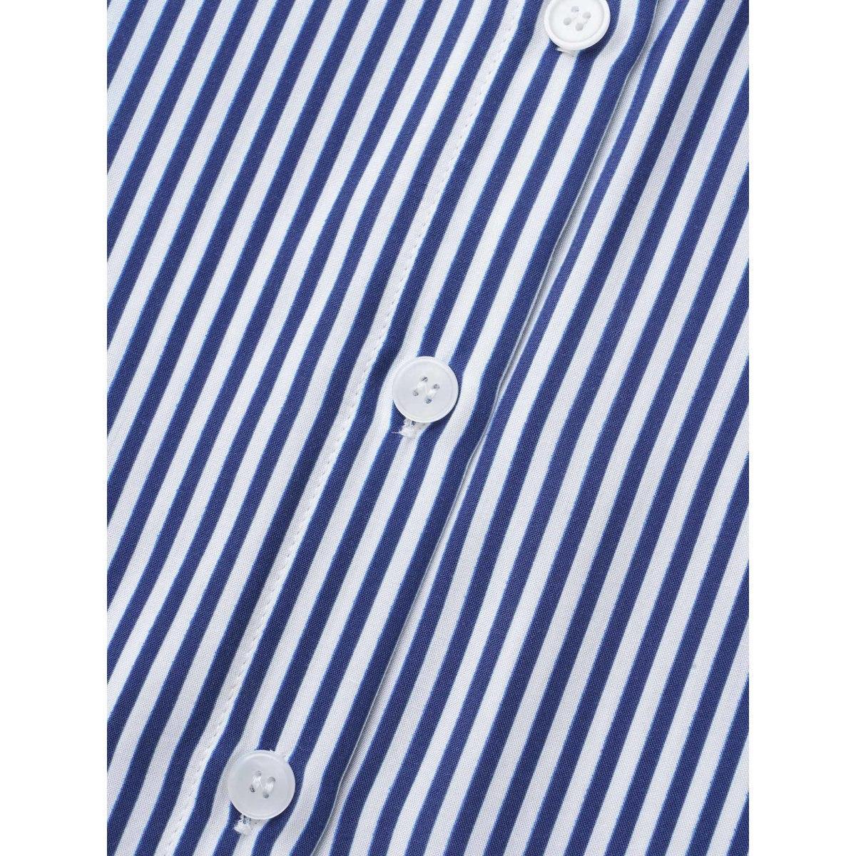 Plus Size Mediumblue Striped Shirt Collar Shirred Blouse Women Elegant Long Sleeve Shirt collar Everyday Blouses BloomChic 12/L Product Image