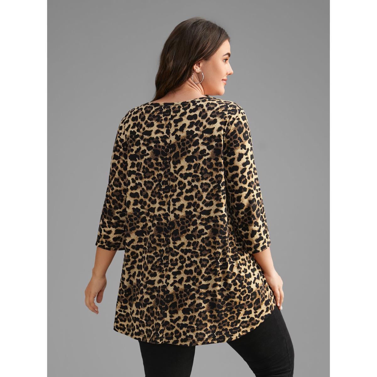 Plus Size Leopard Print Half Zipper Arc Hem T-shirt Leopard Women Casual Non Round Neck Loose Everyday T-shirts BloomChic 12/L Product Image