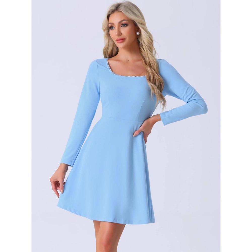 Allegra K Women's Vintage Long Sleeve Beaded Square Neck High Waist A-Line Dress Sky Blue X-Small Product Image