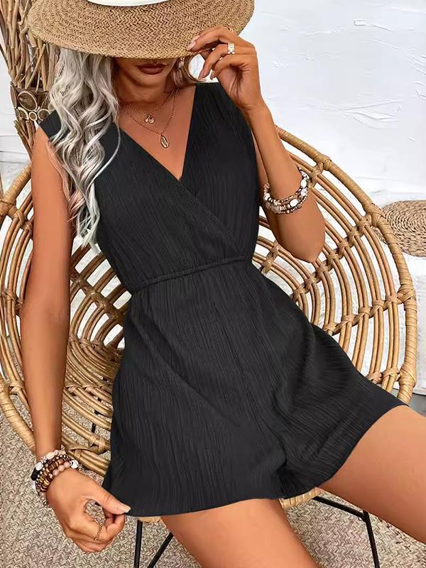Loose Sleeveless Elasticity Pleated Solid Color Split-Joint V-Neck Rompers Product Image