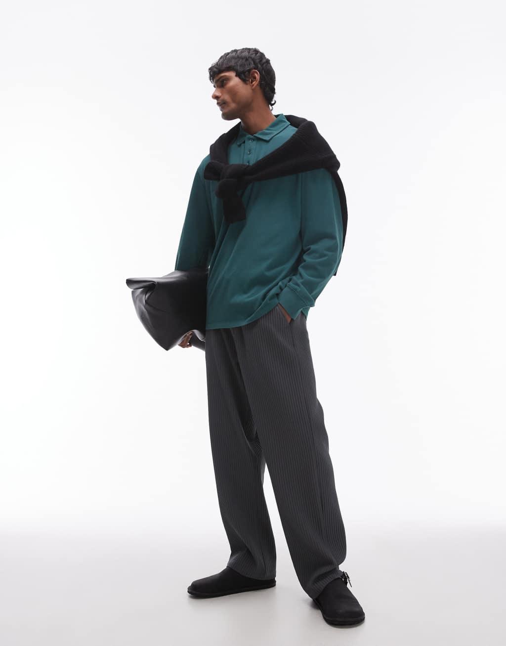 Topman long sleeve polo in washed green Product Image