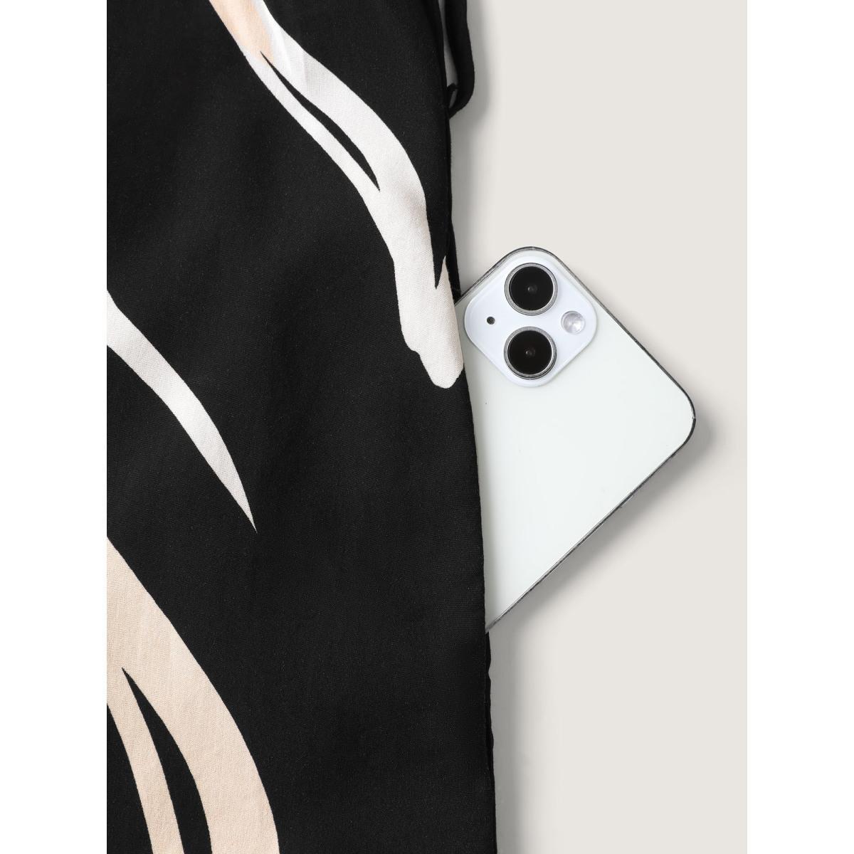 Plus Size Abstract Contrast Curvy Hem Belted Midi Dress Black Women Flat collar with V-notch Sleeveless Curvy BloomChic 28/5X Product Image