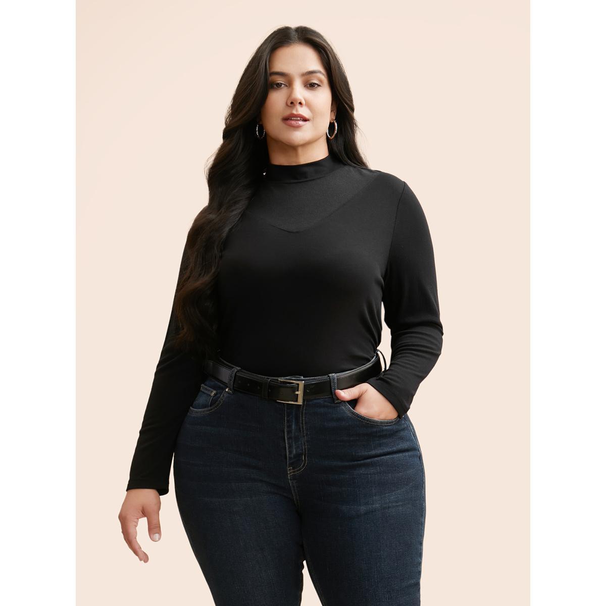 Plus Size Mock Neck Mesh Patchwork Stretchy T-shirt Black Women Casual See through Stand-up collar Everyday T-shirts BloomChic 26/4X Product Image