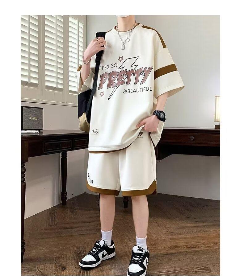 Set: 3/4-Sleeve Crew Neck Mock Two-Piece Two Tone Lettering Print T-Shirt + Drawstring Waist Wide Leg Sweat Shorts Product Image