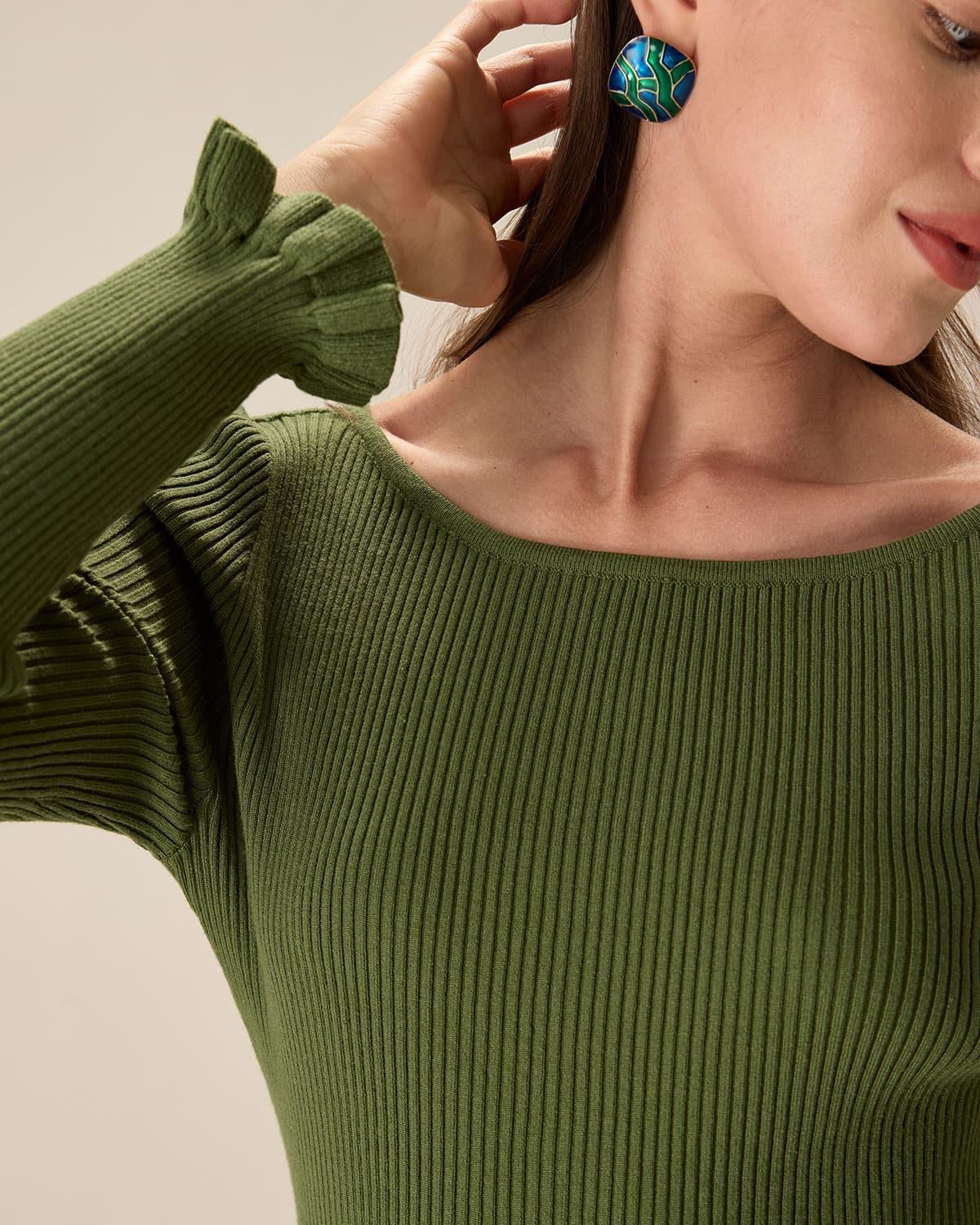 Green Boat Neck Ruffle Slim Tee Product Image