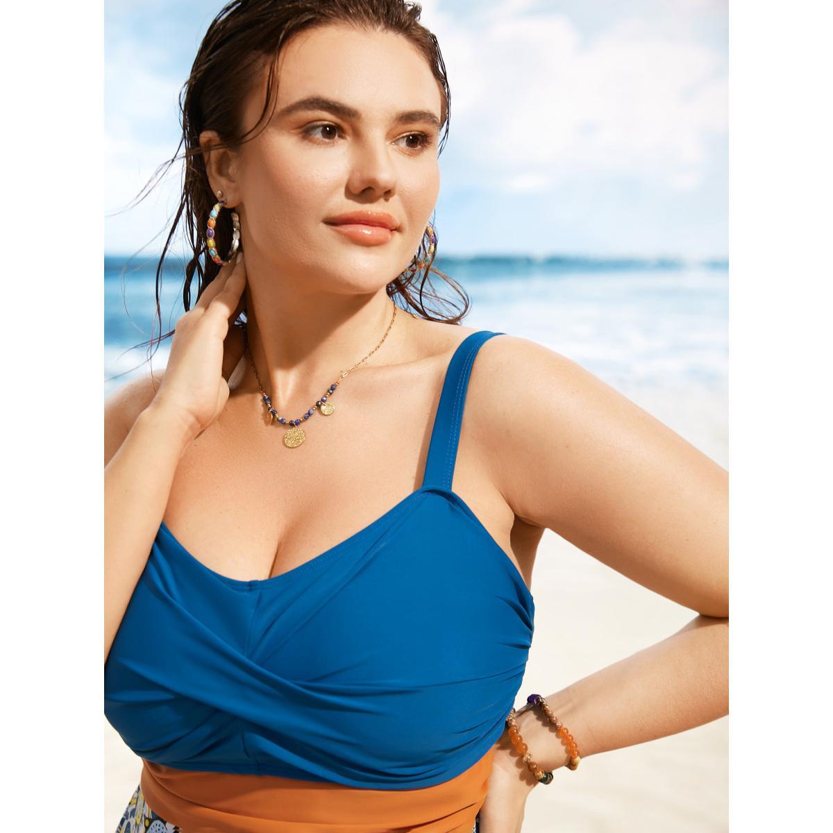 Plus Size Geometric Print Patchwork Twist Front Swim Dress Women's Swimwear Mediumblue Beach Bodycon Heart neckline High stretch Curve Swim Dresses BloomChic 28/5X Product Image