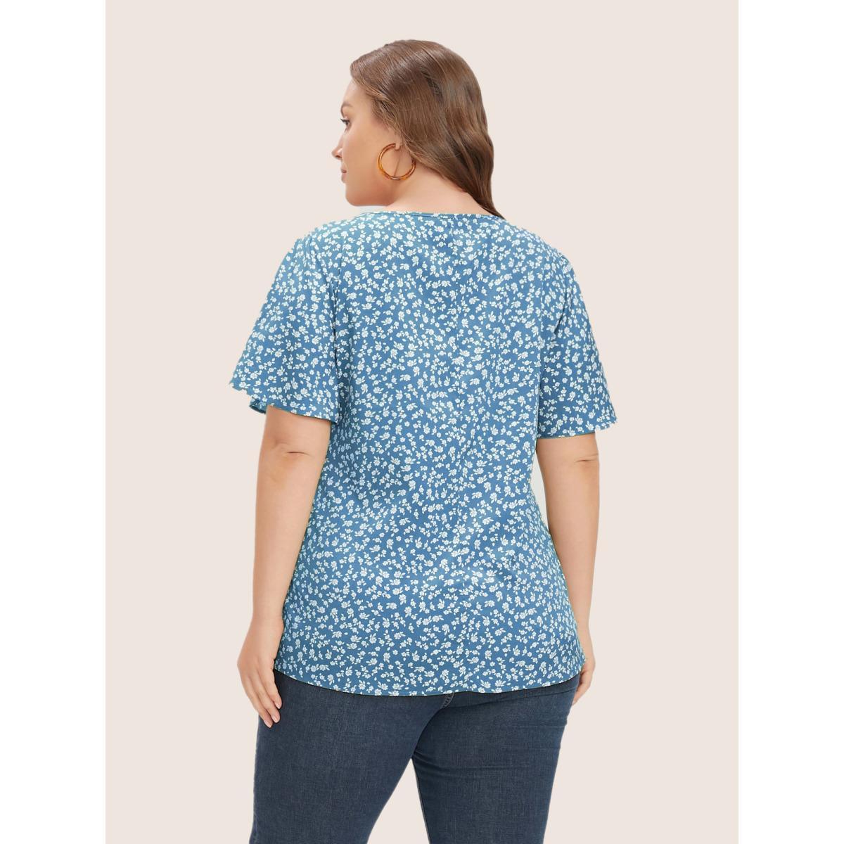 Plus Size Blue Ditsy Floral Ruffle Sleeve Button Detail Blouse Women Elegant Short sleeve V-neck Everyday Blouses BloomChic 22-24/3X Product Image