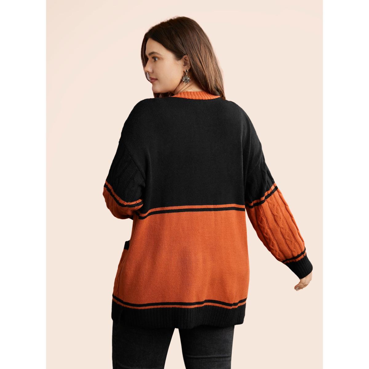 Plus Size Jack-o-Lantern Motif Cable Knot Cardigan Black Women Casual Loose Long Sleeve Everyday Cardigans BloomChic 14-16/1X Product Image