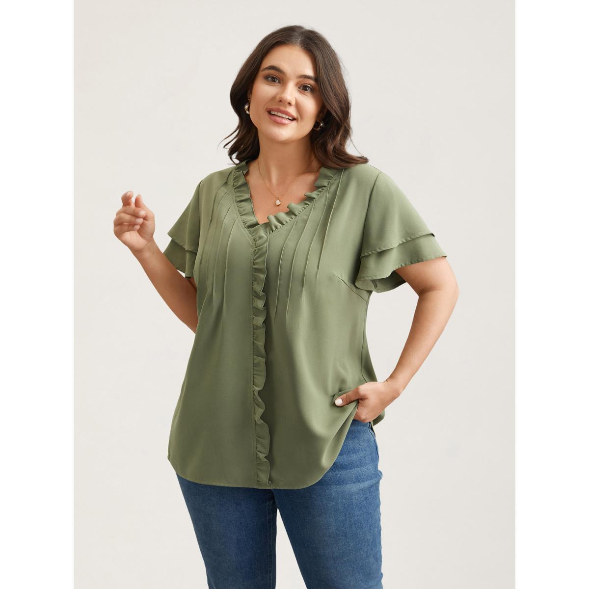 Plus Size Sage Ruffled Neck Toothpick Pleats Lotus Leaf Sleeve Shirt Women Elegant Short sleeve V-neck Everyday Blouses BloomChic 22-24/3X Product Image