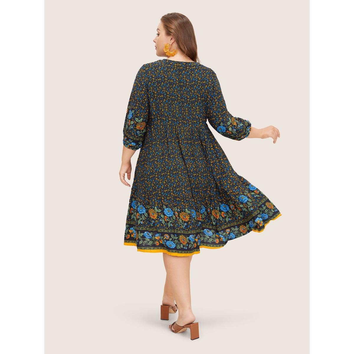 Plus Size Bandana Tassels Lantern Sleeve Ruffle Pocket Keyhole Neck Dress Cerulean Women Resort V-neck Elbow-length sleeve Curvy Midi Dress BloomChic 22-24/3X Product Image