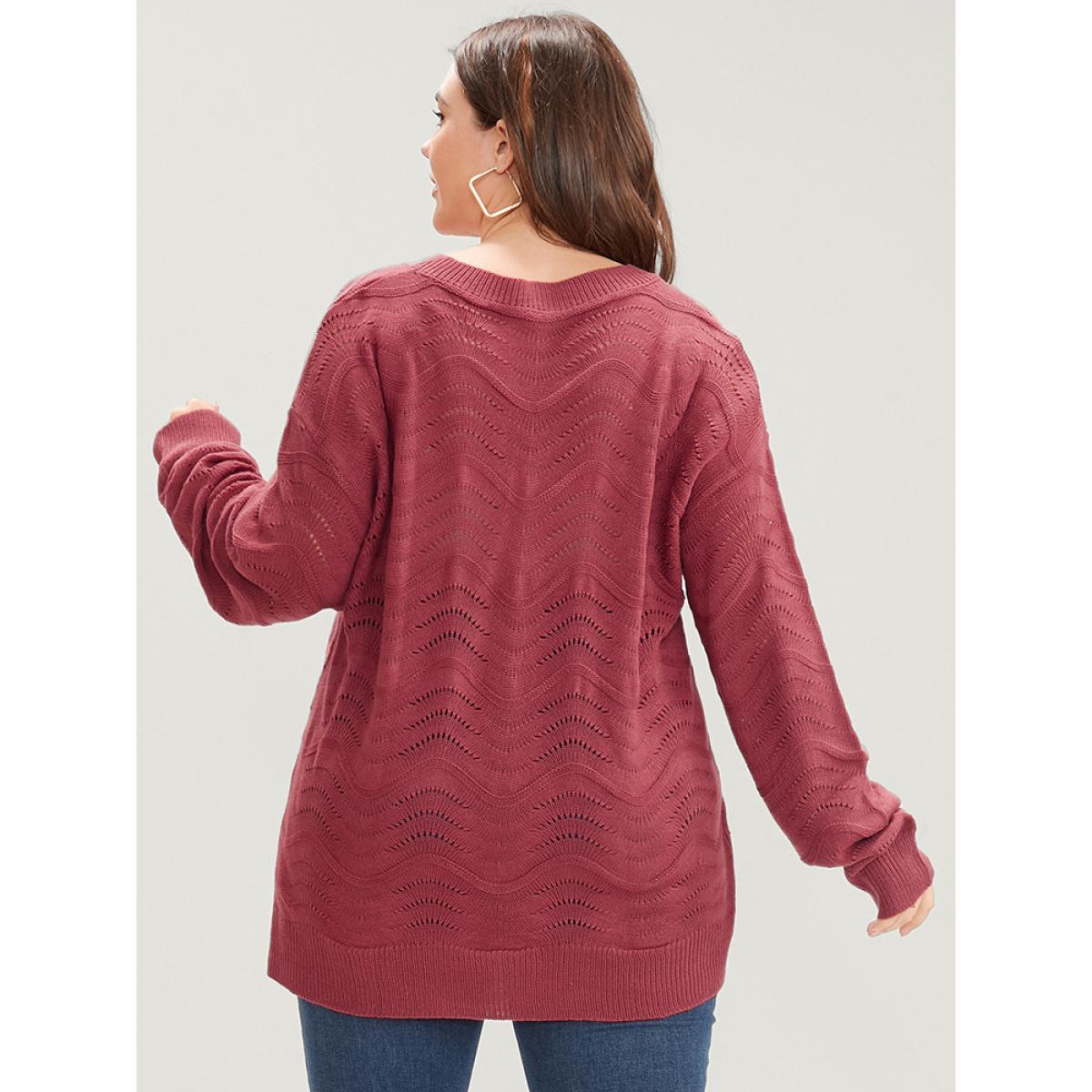 Plus Size Plain Pointelle Knit Water Ripple Eyelet Knit Top Scarlet Women Casual Loose Long Sleeve V-neck Dailywear Pullovers BloomChic 28/5X Product Image