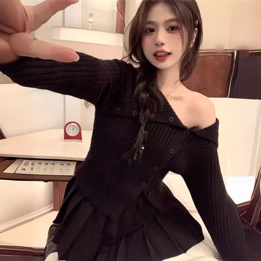 Long Sleeve Off-Shoulder Plain Ribbed-Knit Slim-Fit Sweater Product Image