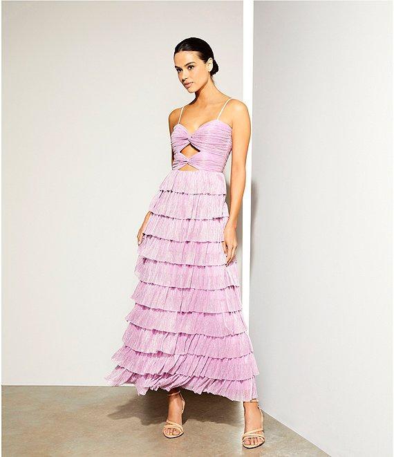 Gianni Bini Grace Metallic Plisse Sweetheart Neck Cut-Out Tiered Dress Product Image