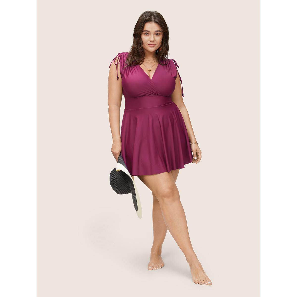 Plus Size Solid Drawstring Adjustable Straps Back Swim Dress Women's Swimwear Burgundy Beach Bodycon V-neck High stretch Curve Swim Dresses BloomChic 18-20/2X Product Image