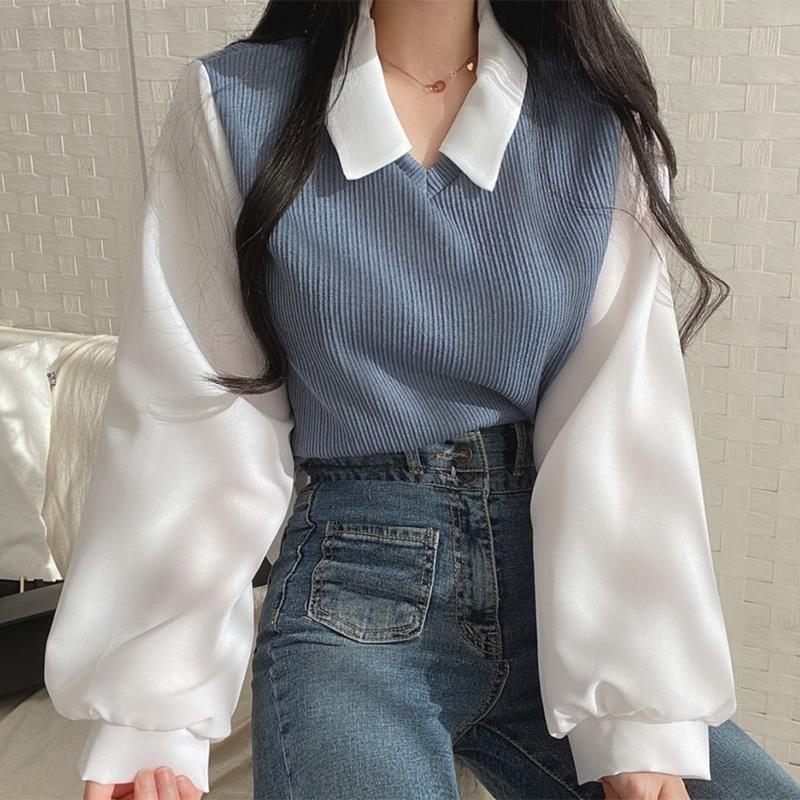 Mock Two-Piece Puff-Sleeve Two-Tone Collared Sweater Product Image