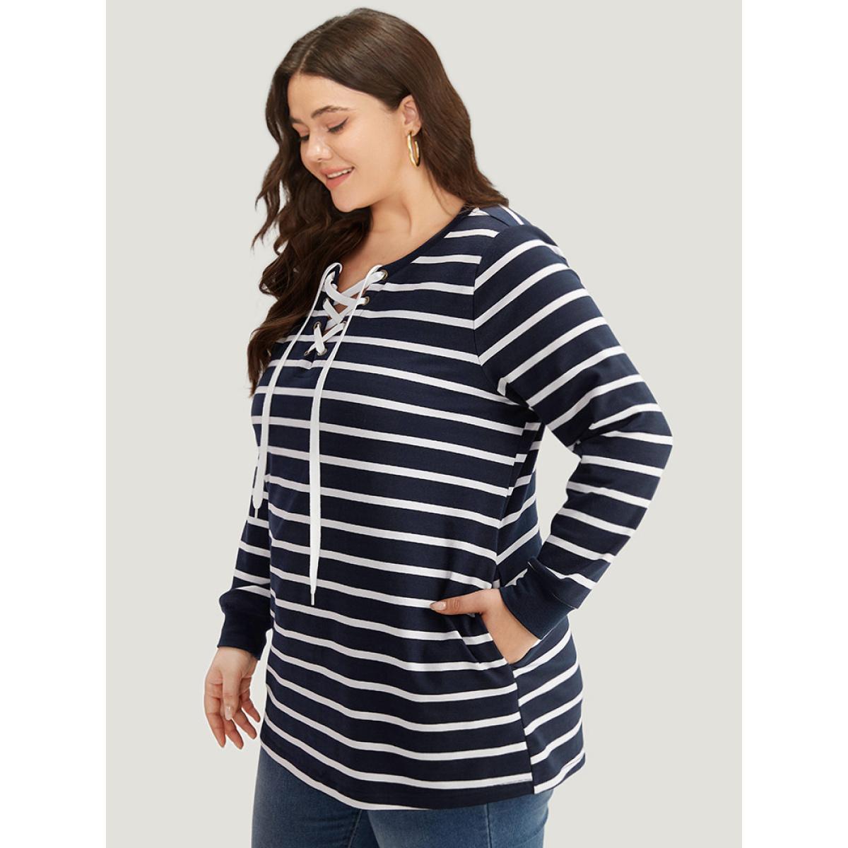 Plus Size Striped Patchwork Pocket Lace Up Sweatshirt Women Indigo Casual Elastic cuffs Notched collar Dailywear Sweatshirts BloomChic 30/6X Product Image