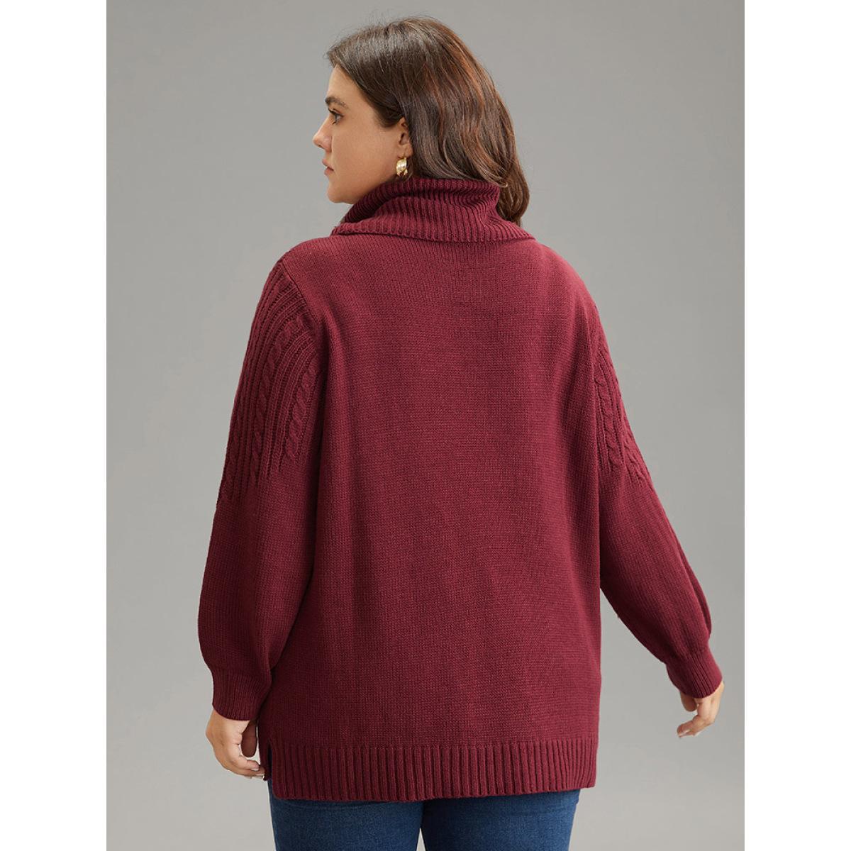 Plus Size Anti-Pilling Cable Knit Turtle Neck Patchwork Pullover Burgundy Women Casual Loose Long Sleeve Turtleneck Dailywear Pullovers BloomChic 22-24/3X Product Image