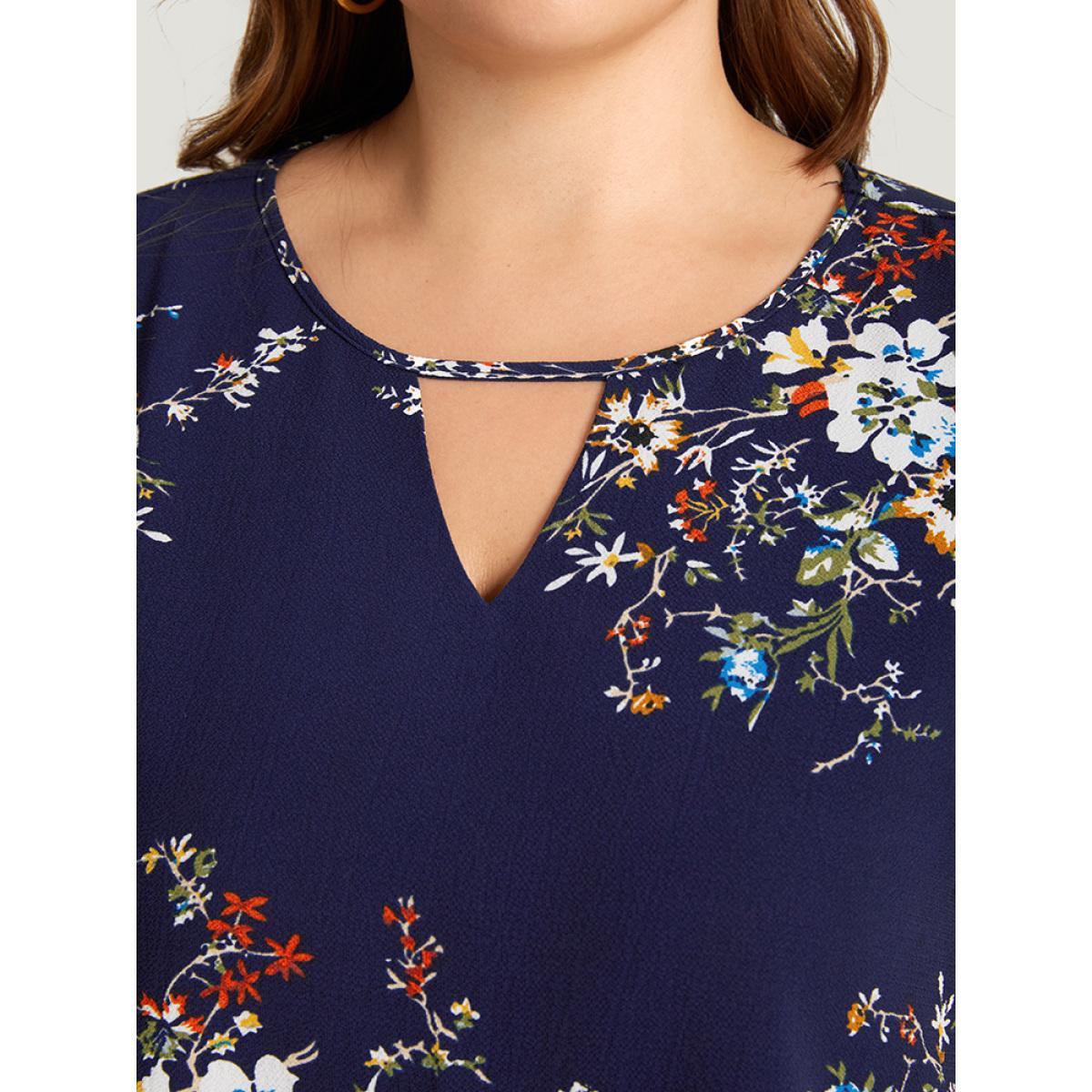 Plus Size Indigo Floral Print Keyhole Flutter Sleeve Blouse Women Elegant Short sleeve Keyhole Cut-Out Dailywear Blouses BloomChic 14-16/1X Product Image