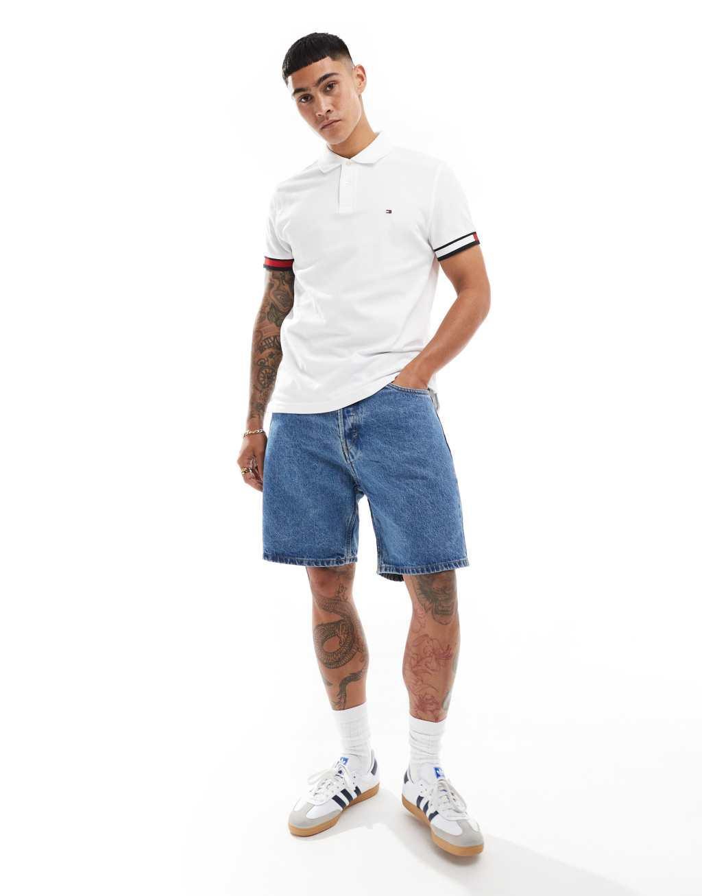Tommy Hilfiger logo cuff slim fit polo in white Product Image