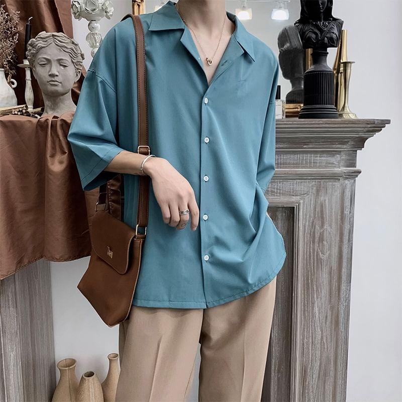 Elbow-Sleeve Lapel Collared Plain Shirt Product Image