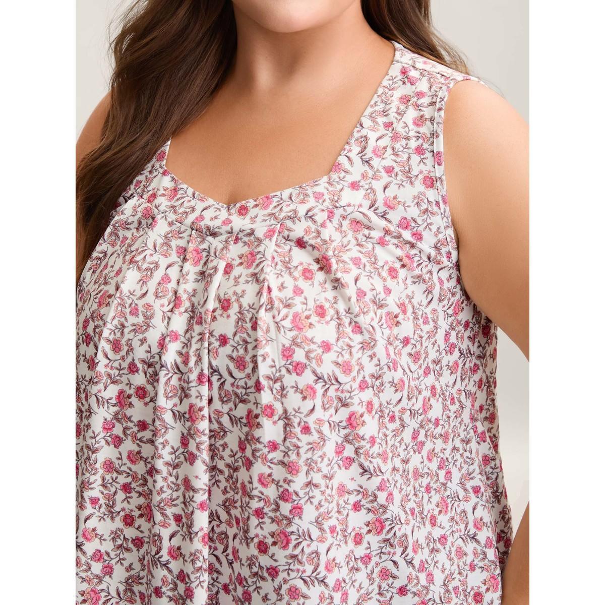 Plus Size Floral Print Pleated Front Sleeveless Tank Women Multicolor Casual Pleated Square Neck Everyday Tank Tops Camis BloomChic 30/6X Product Image