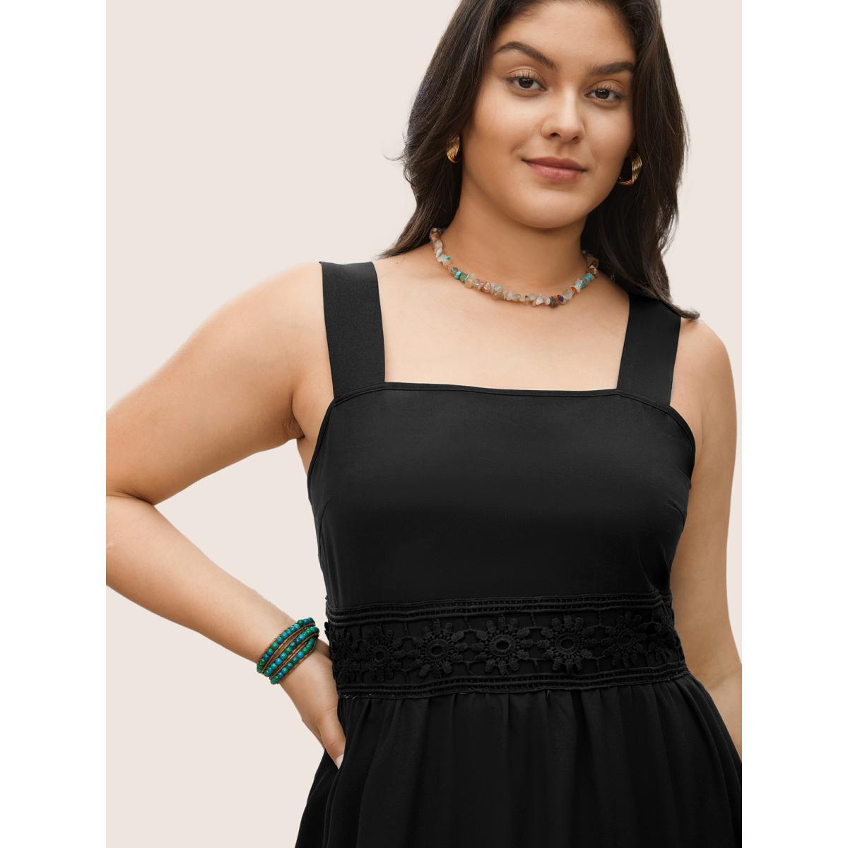 Plus Size Plain Elastic Waist Cut Out Lace Patchwork Dress Black Women Resort Non Non Sleeveless Curvy Midi Dress BloomChic 22-24/3X Product Image