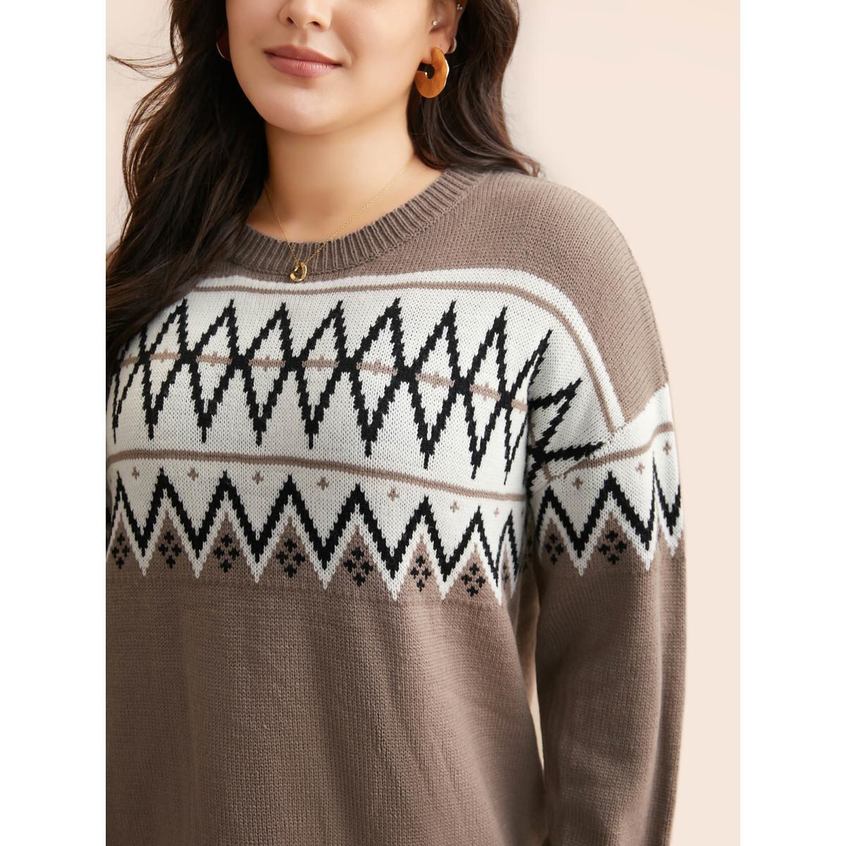 Plus Size Round Neck Geometric Drop Shoulder Cardigan Beige Women Casual Loose Long Sleeve Round Neck Everyday Pullovers BloomChic 14-16/1X Product Image