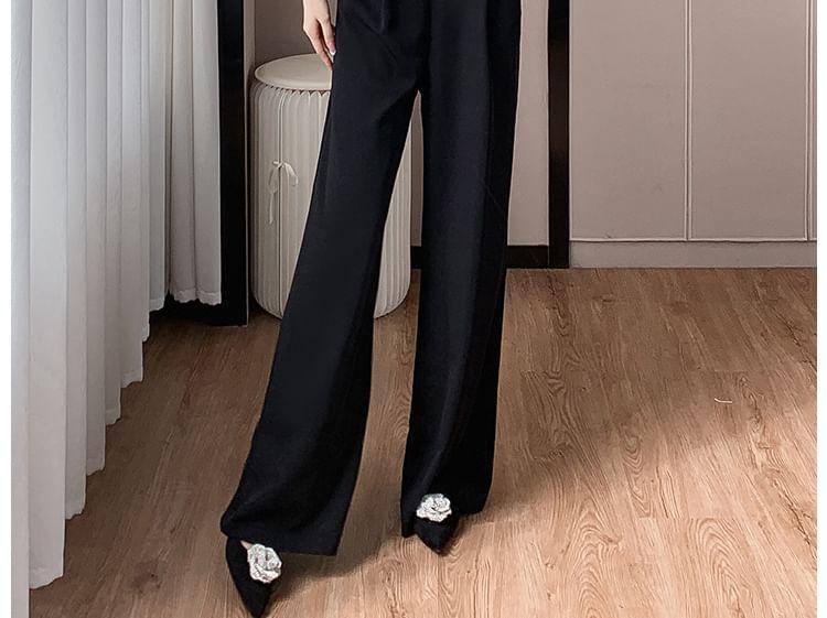Long-Sleeve Faux Leather Wide Leg Jumpsuit Product Image