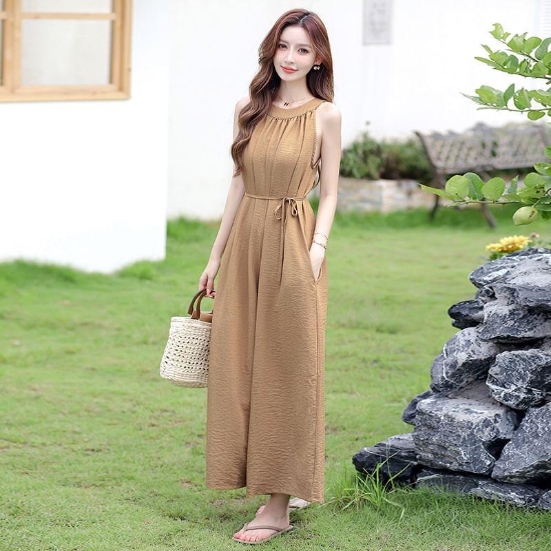 Sleeveless Round Neck Plain Wide Leg Jumpsuit Product Image