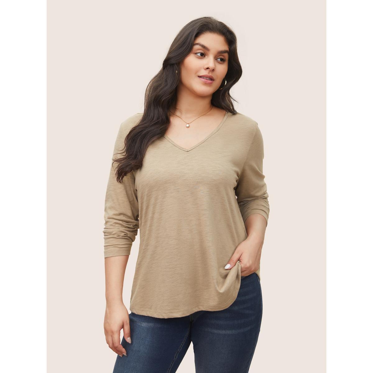Plus Size Plain Heather Lace Mesh Patchwork T-shirt Tan Women Elegant Non Plain V-neck Everyday T-shirts BloomChic 30/6X Product Image