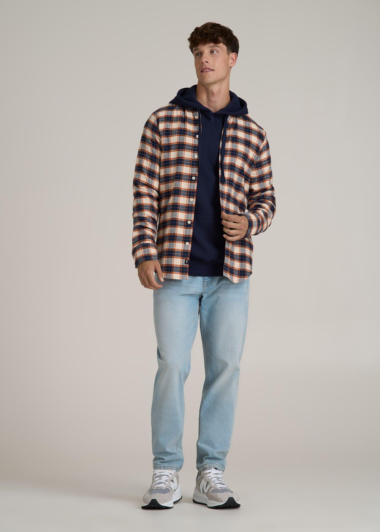 Midweight Brushed Flannel Button Shirt for Tall Men in Blue and Orange Plaid Product Image