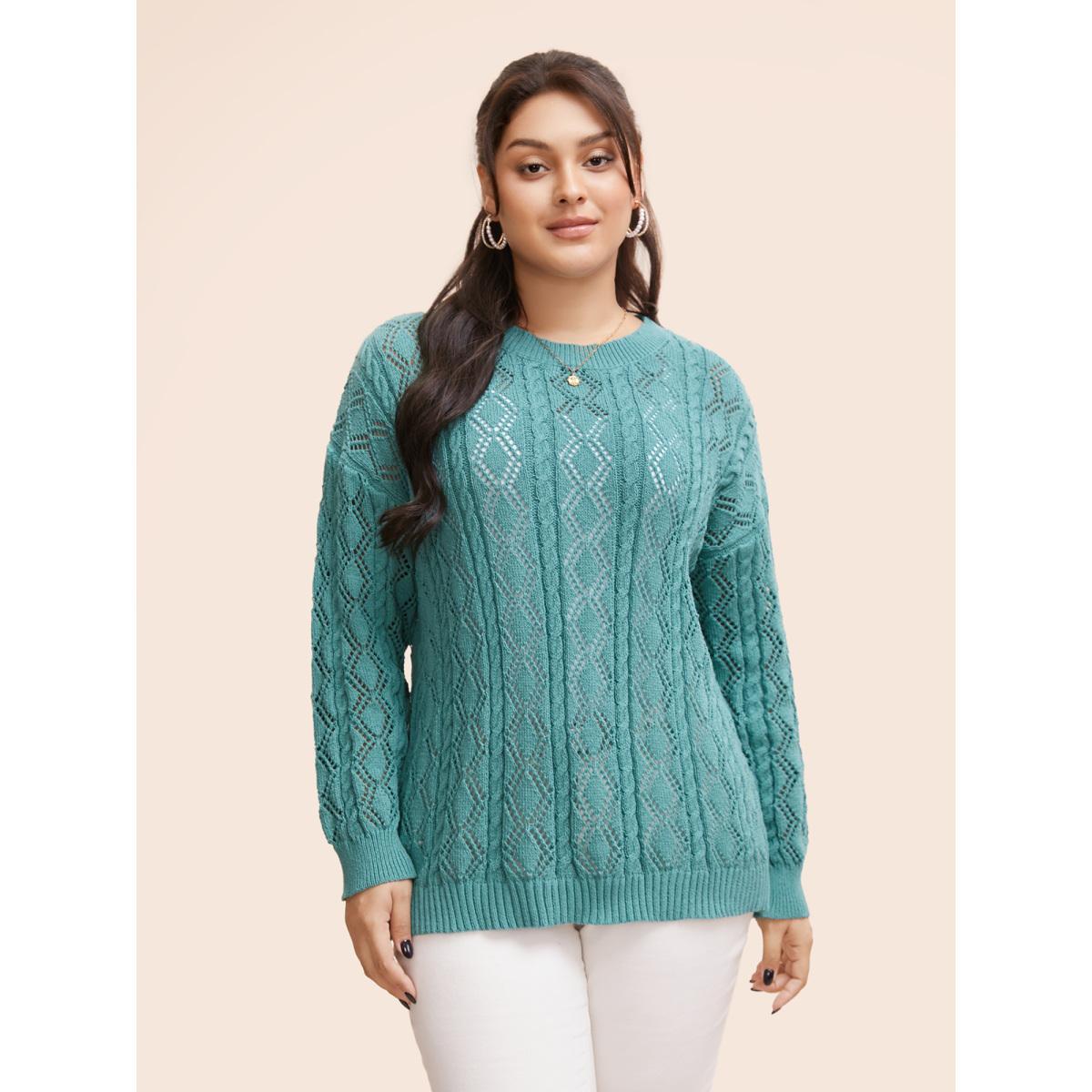 Plus Size Texture Cut Out Drop Shoulder Pullover Teal Women Casual Loose Three Quater Length Sleeve Round Neck Everyday Pullovers BloomChic 18-20/2X Product Image
