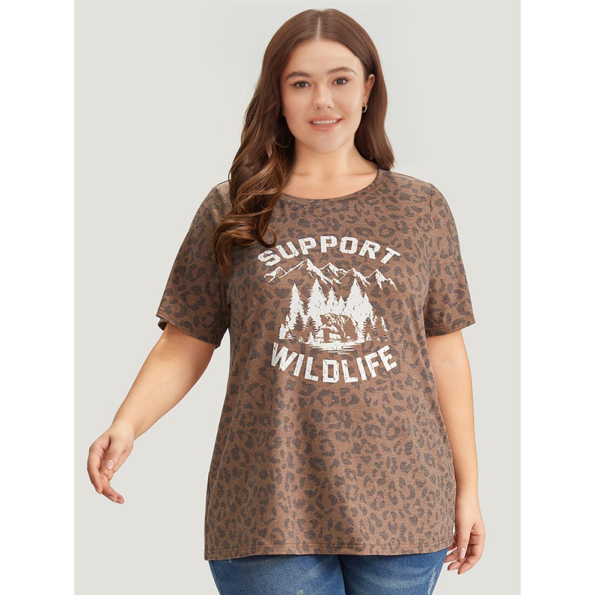 Plus Size Leopard Graphic & Letter Print Crew Neck T-shirt Multicolor Women Casual Landscape Dailywear T-shirts BloomChic 12/L Product Image