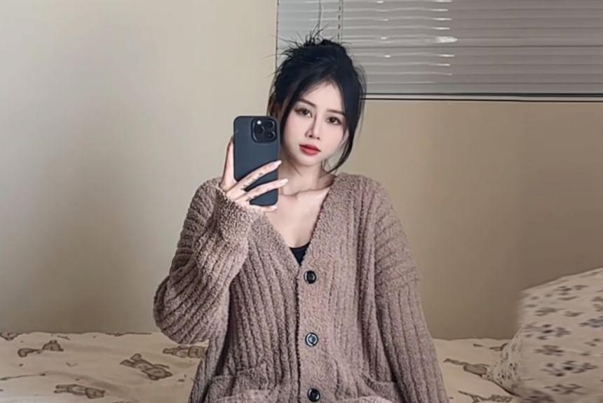 Pajama Set: V-Neck Plain Ribbed Cardigan + Straight Leg Pants Product Image
