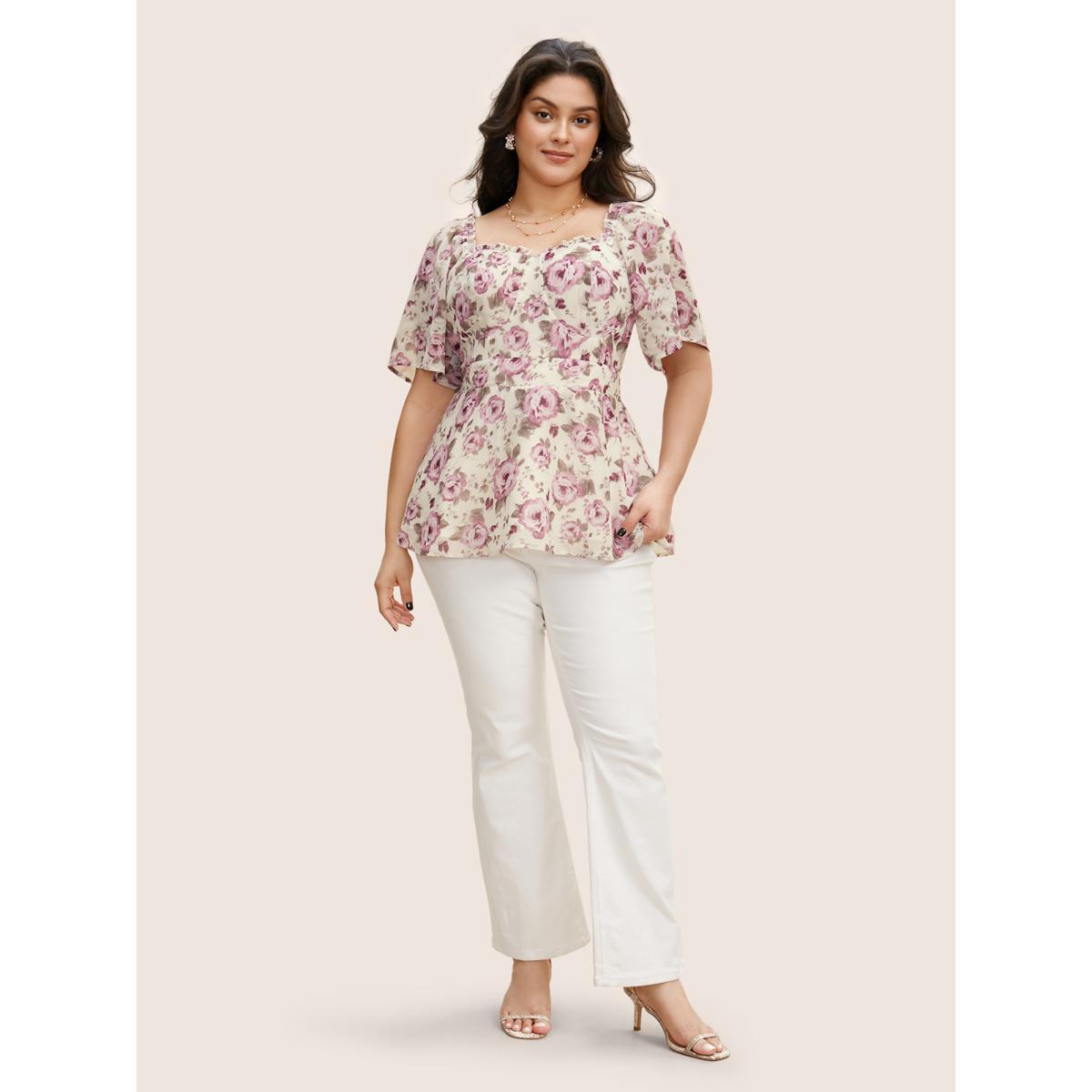 Plus Size Ivory Heart Neckline Floral Shirred Ruffles Blouse Women Elegant Short sleeve Heart neckline Everyday Blouses BloomChic 22-24/3X Product Image