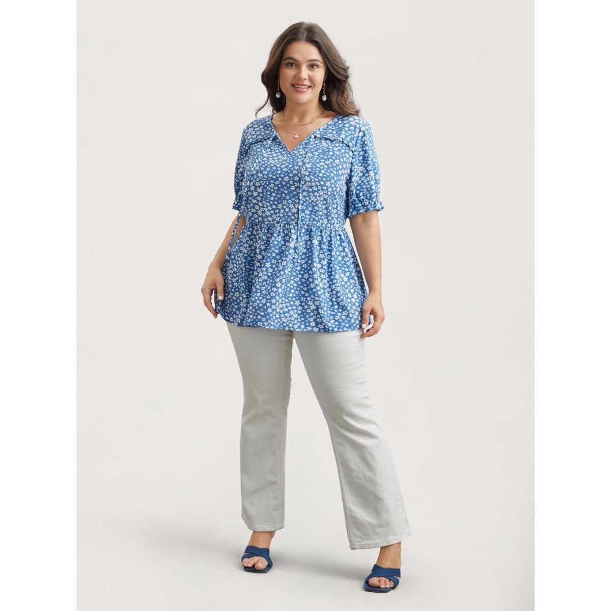 Plus Size LightBlue Floral Stretchy-Waist Ties Peplum Shirt Women Elegant Short sleeve Asymmetrical Neck Everyday Blouses BloomChic 22-24/3X Product Image