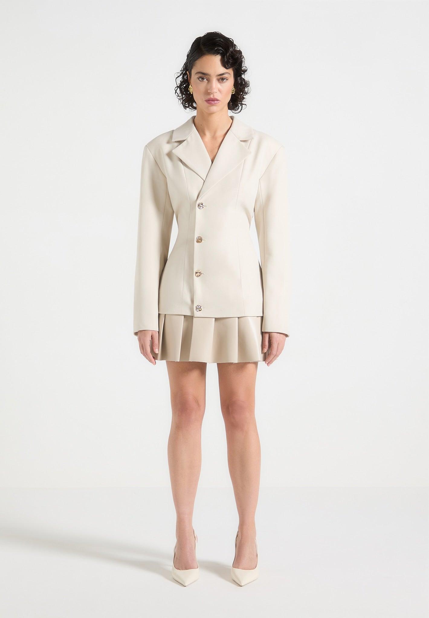Tailored Cinch Blazer Dress with Pleats - Beige Female Product Image
