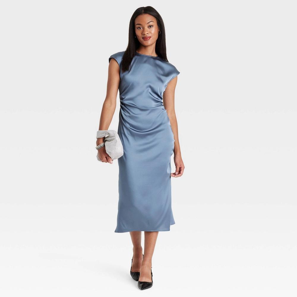 Women's Short Sleeve Ruched Midi Shift Dress - A New Day™ Blue XL Product Image
