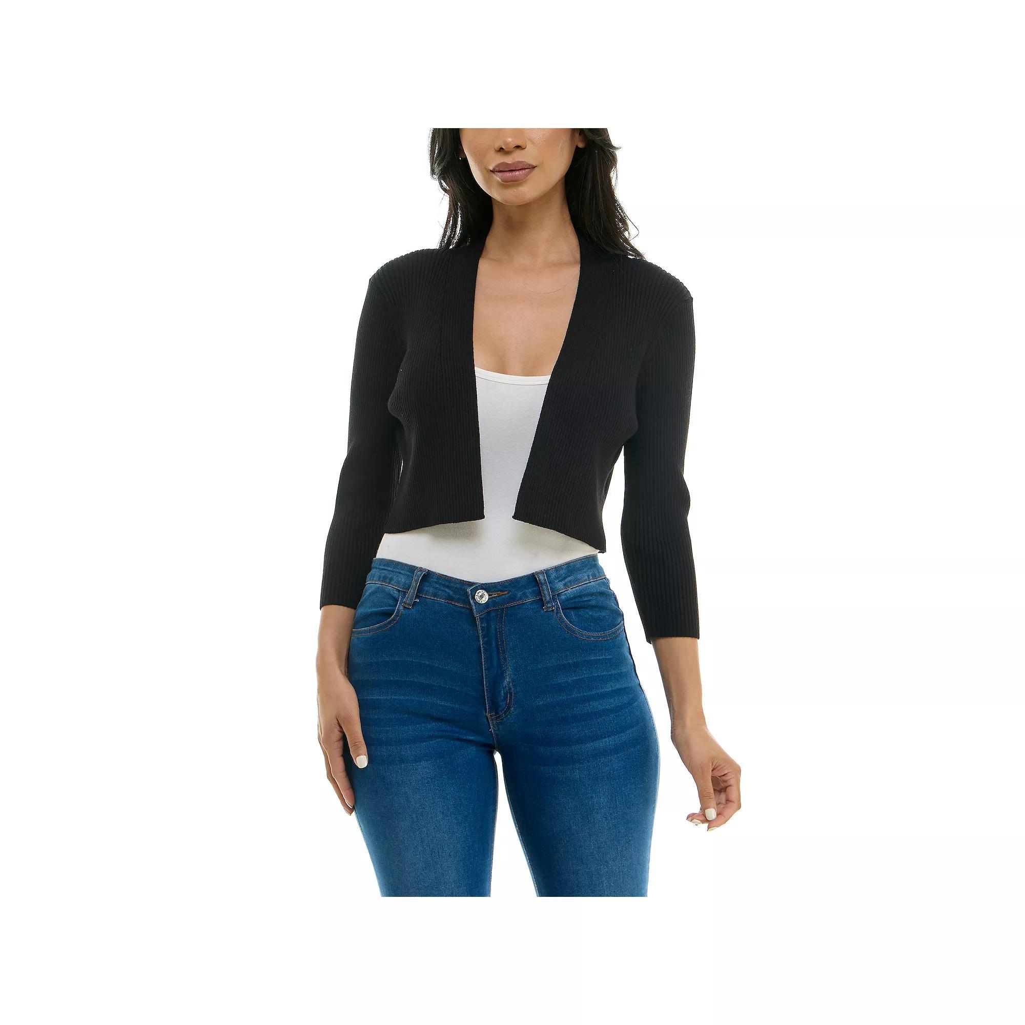 Women's Nina Leonard Three-Quarter Sleeve Ribbed Edge Bolero, Size: Large, Black Product Image