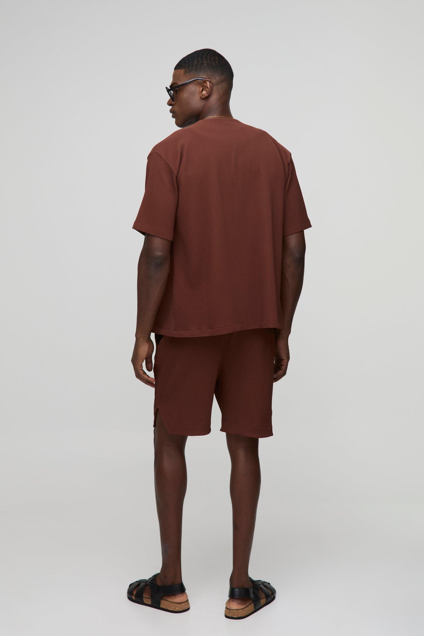 Oversized Collarless Pleated Shirt & Runner Short Set | boohooMAN USA Product Image
