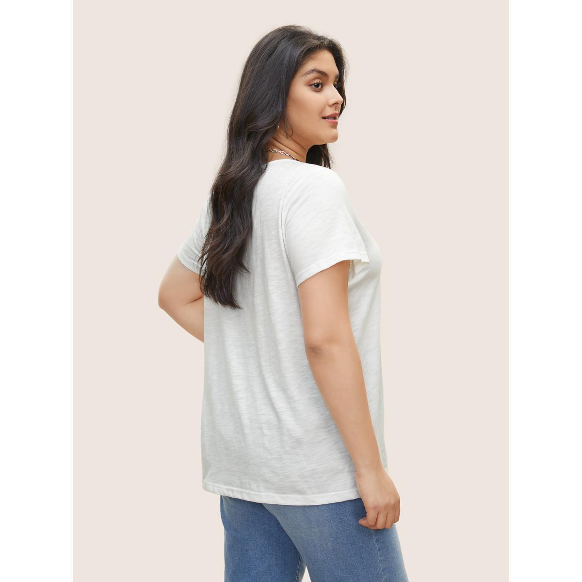 Plus Size Solid Broderie Anglaise Peter Pan Collar T-shirt White Women Elegant Non Plain Peter Pan Collar Everyday T-shirts BloomChic 26/4X Product Image