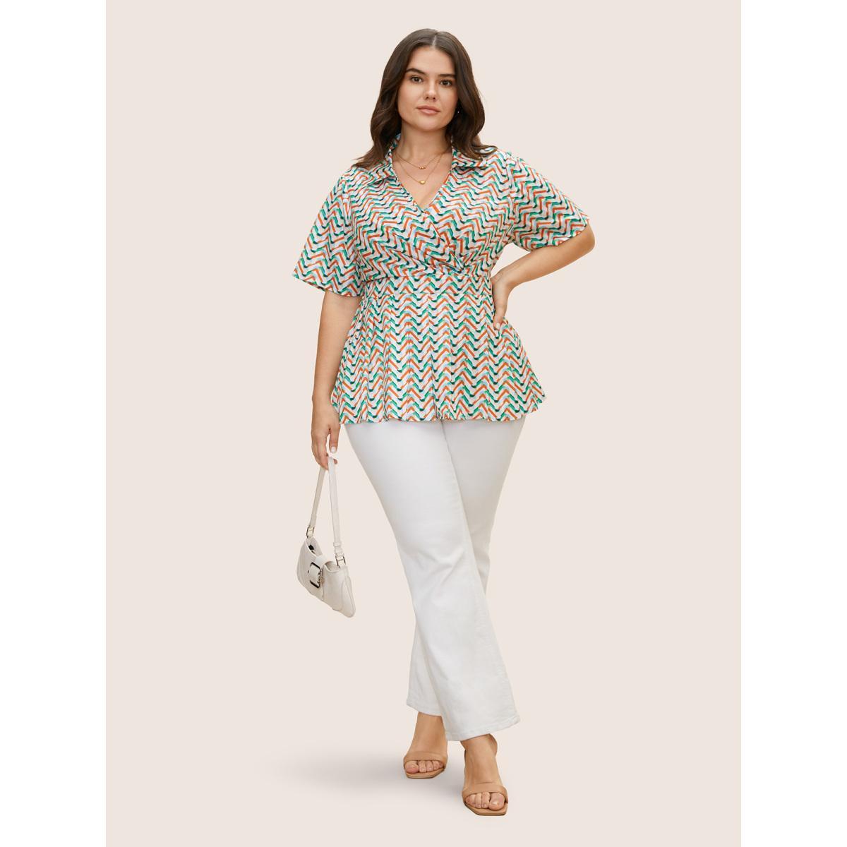 Plus Size Multicolor Shirt Collar Striped Wrap Pleated Blouse Women At the Office Half Sleeve Shirt collar Work Blouses BloomChic 26/4X Product Image