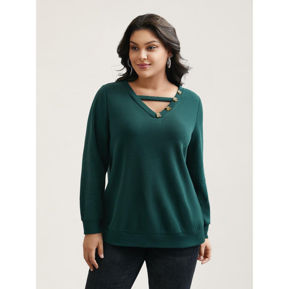 Plus Size Neck Cut-Out Button Detail Sweatshirt Women DarkSlateGray Casual Cut-Out V-neck Everyday Sweatshirts BloomChic 10/M Product Image