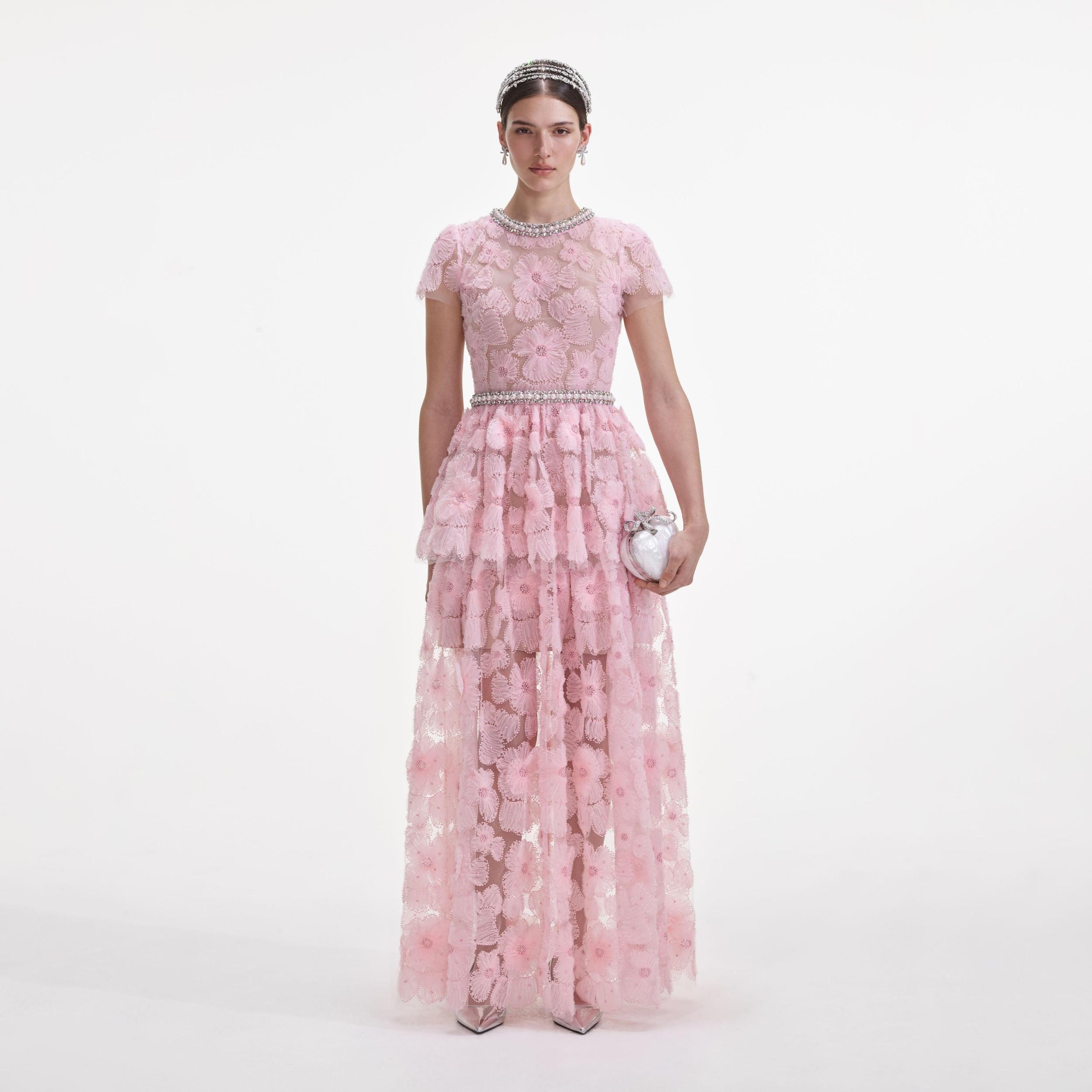 Pink Embellished Tulle Maxi Dress Product Image