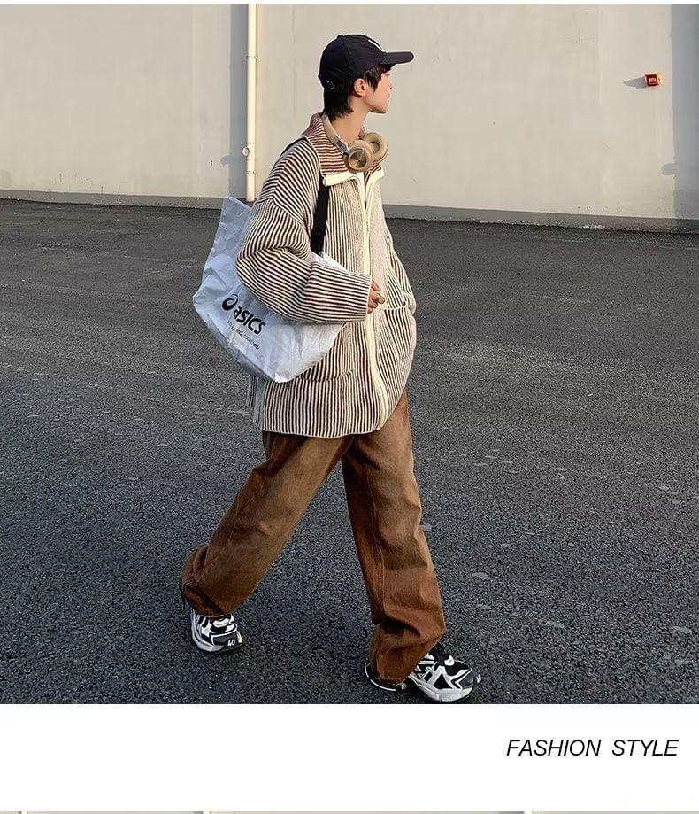 Striped Pocket Detail Oversized Zip Cardigan Product Image