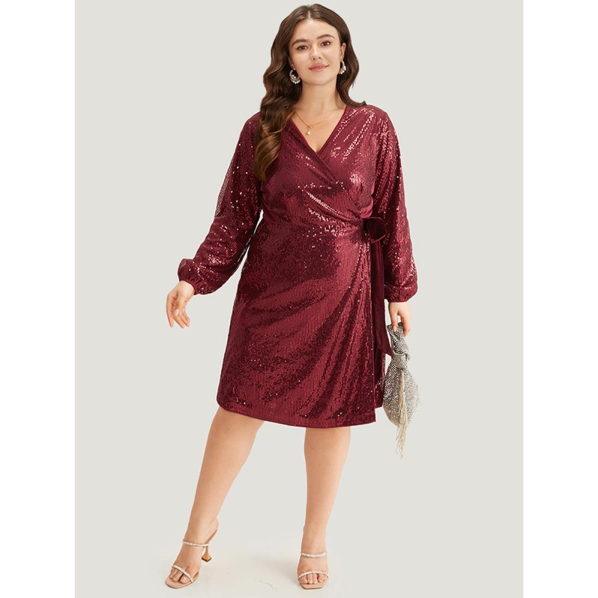 Plus Size Sequin Ties Side Surplice Neck Lantern Sleeve Dress Scarlet Women Cocktail Elastic cuffs V-neck Long Sleeve Curvy Knee Dress BloomChic 18-20/2X Product Image