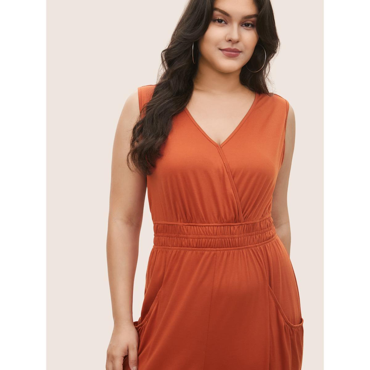 Plus Size OrangeRed Supersoft Essentials Wrap Patched Pocket Tank Jumpsuit Women Casual Sleeveless Overlap Collar Everyday Loose Jumpsuits BloomChic 14-16/1X Product Image