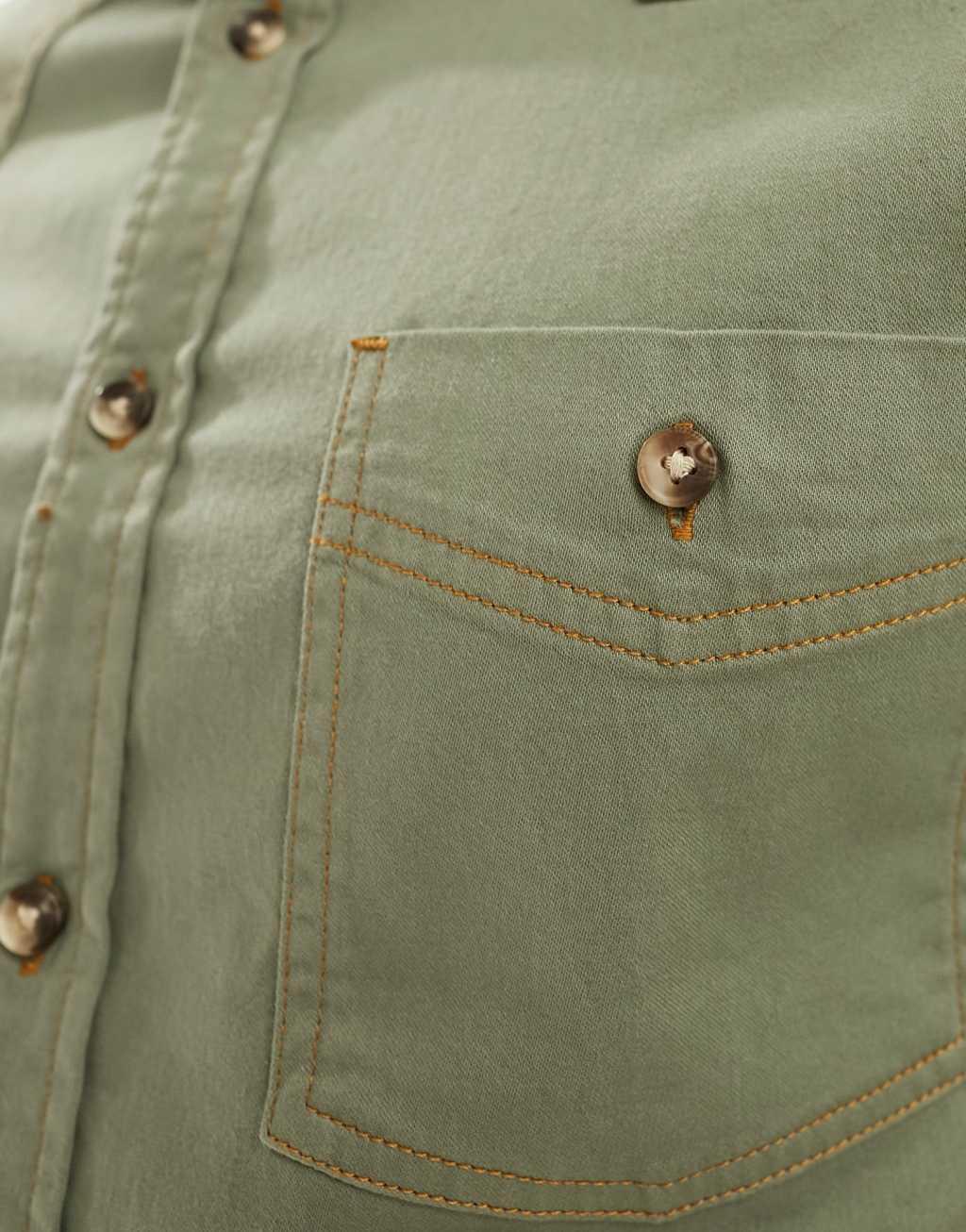 ASOS DESIGN short sleeve slim western denim shirt in khaki green Product Image