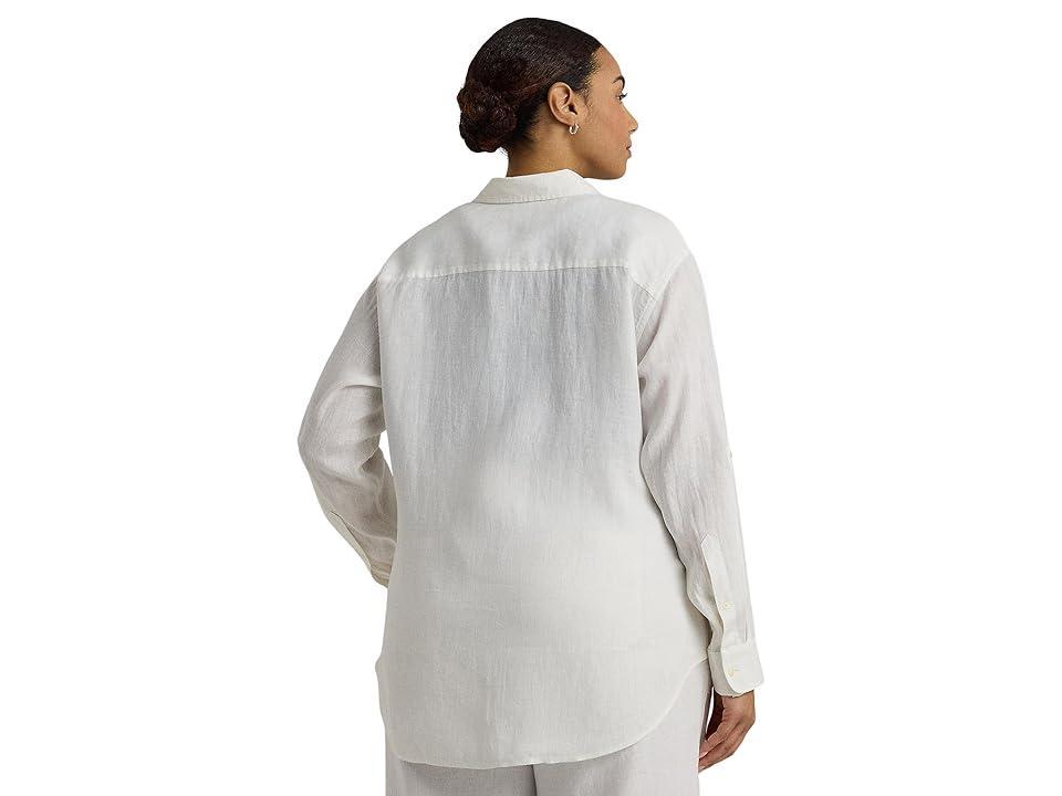 Lauren Ralph Lauren Plus-Size Oversize Floral Eyelet-Logo Linen Shirt Women's Clothing Product Image