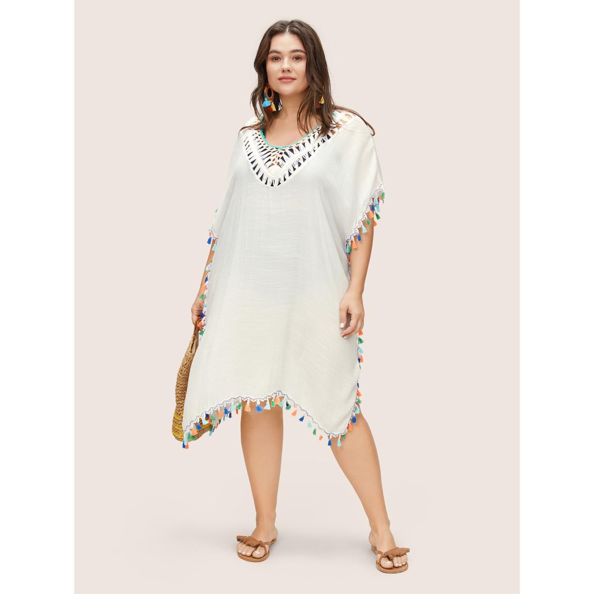 Plus Size Color Tassel Trim Batwing Sleeve Swim Cover Up Women's Swimwear White Beach Crochet Curve Swim Cover Ups BloomChic 18-20/2X Product Image